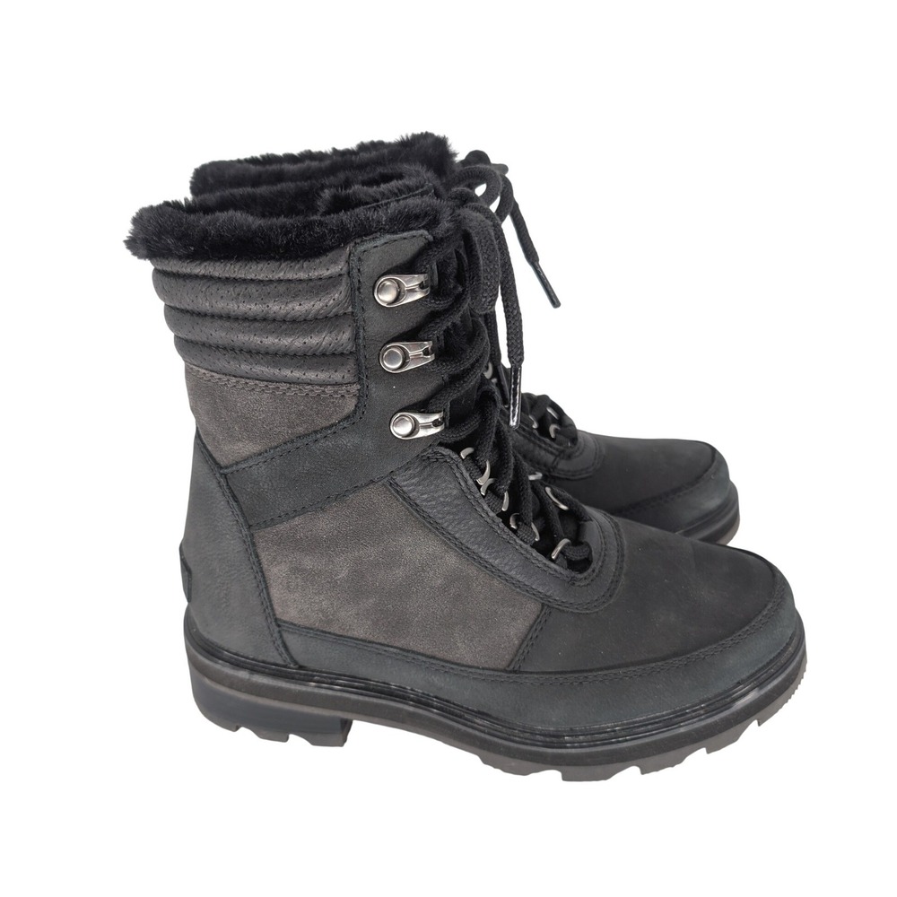 Sorel Lennox Lace Up Cozy Boots Women 7 Black Quarry Waterproof Fur Lined Moto